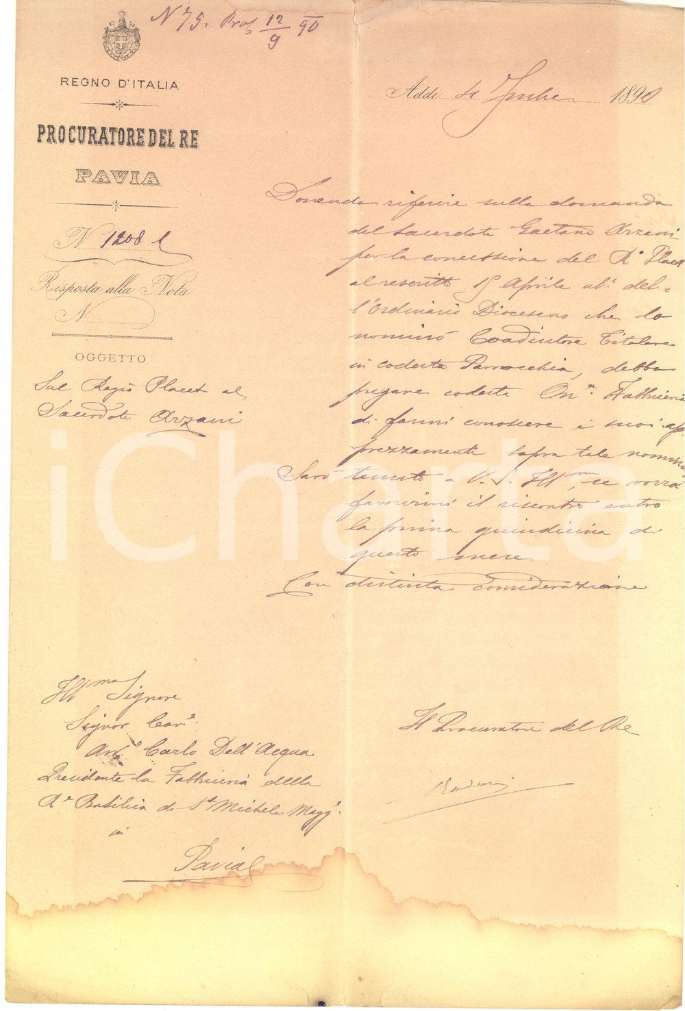 1890 PAVIA Lettera procuratore del Re per Regio Placet a don Gaetano AZZANI