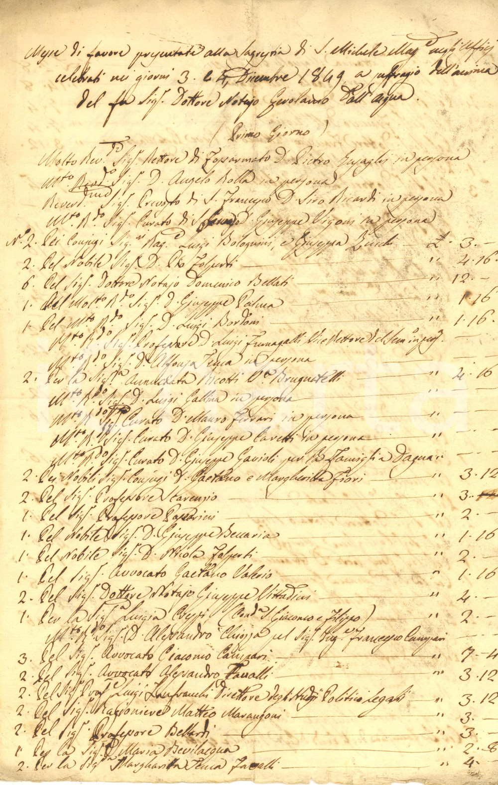 1849 PAVIA SAN MICHELE Messe celebrate in suffragio di Gerolamo DALL'ACQUA