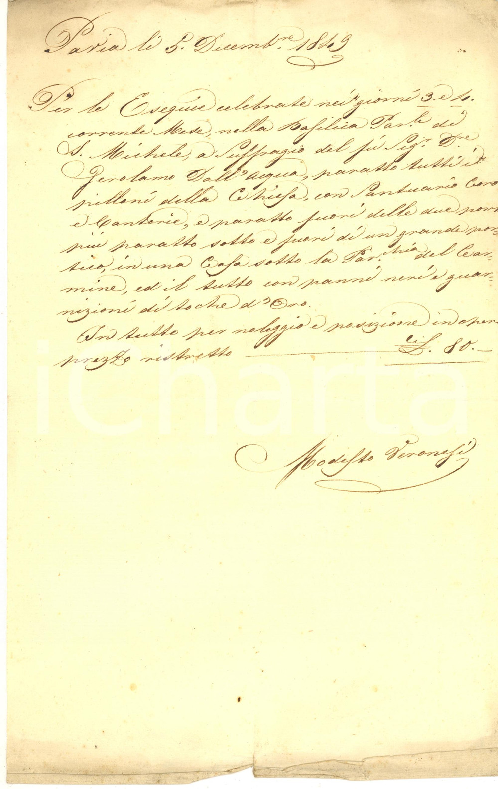 1849 PAVIA Ricevuta Modesto VERONESI per messe nella Basilica di S. MICHELE