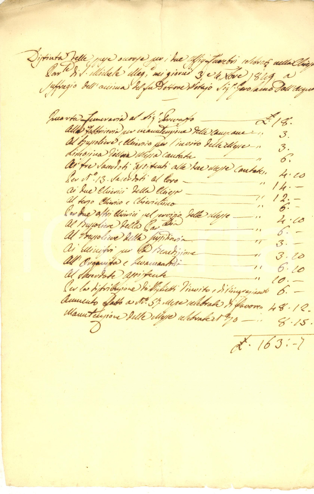 1849 PAVIA SAN MICHELE Spese per ufficio funebre di Gerolamo DALL'ACQUA