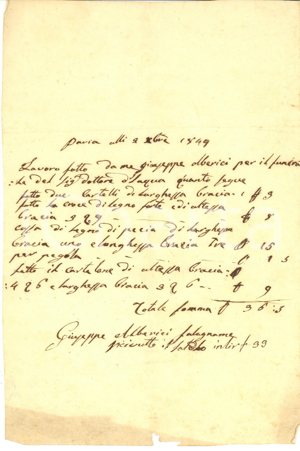 1849 PAVIA Conto falegname Giuseppe ALBERICI per funerale Gerolamo DALL'ACQUA