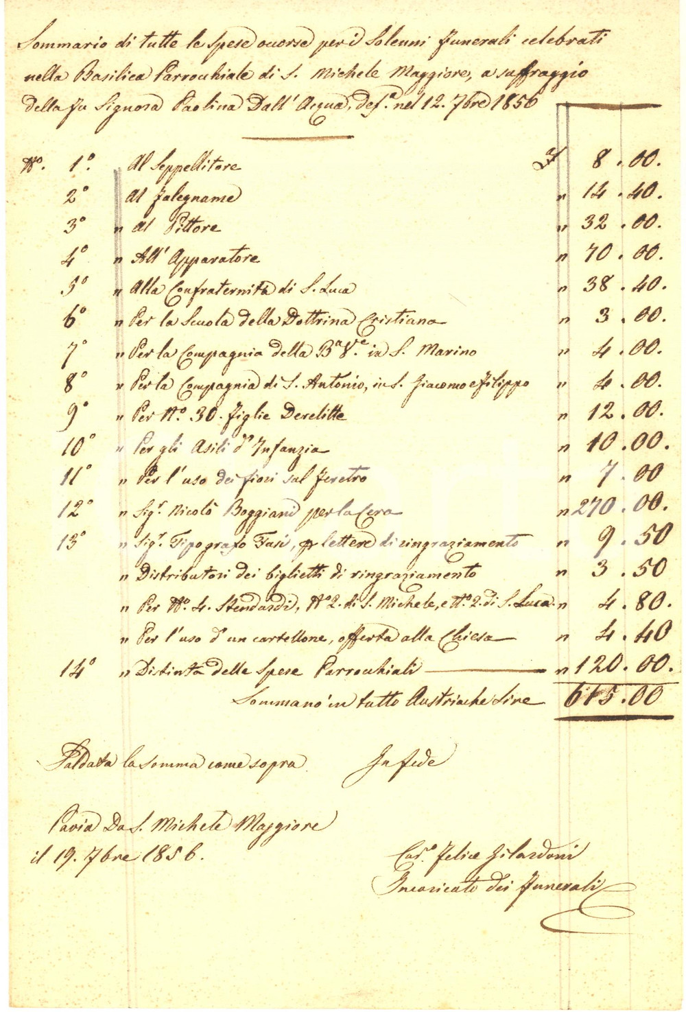 1856 PAVIA Basilica SAN MICHELE Conto spese per funerali di Paolina DALL'ACQUA