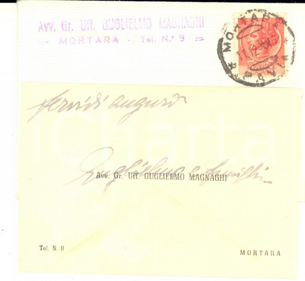 1956 MORTARA Biglietto Avv. Gr. Uff. Guglielmo MAGNAGHI - AUTOGRAFO