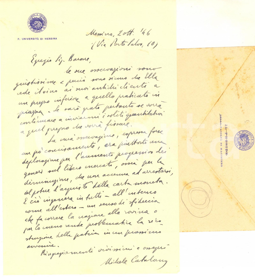 1946 UNIVERSITA' DI MESSINA Lettera Michele CATALANO per il vino - AUTOGRAFO