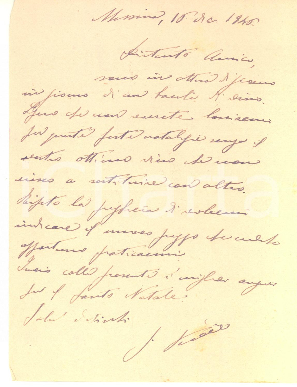 1946 MESSINA Lettera senatore Gaetano VINCI per fornitura di vino - AUTOGRAFO