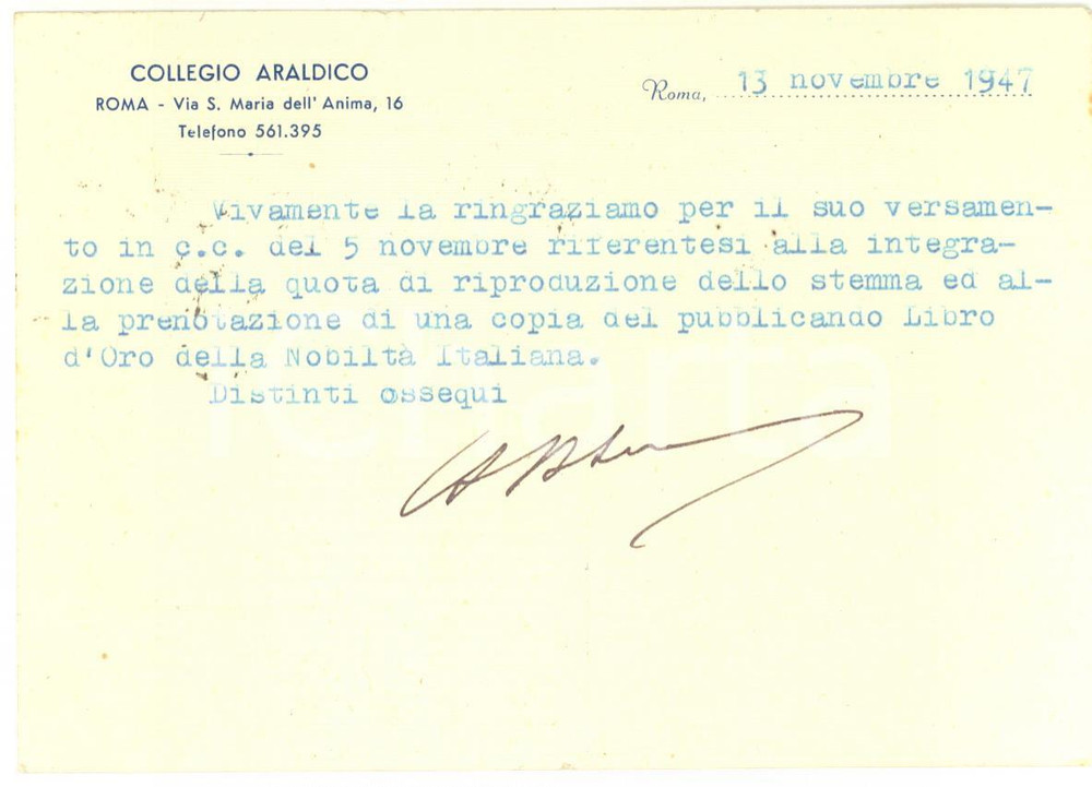 1947 ROMA COLLEGIO ARALDICO Cartolina per Libro d'Oro della Nobiltà Italiana