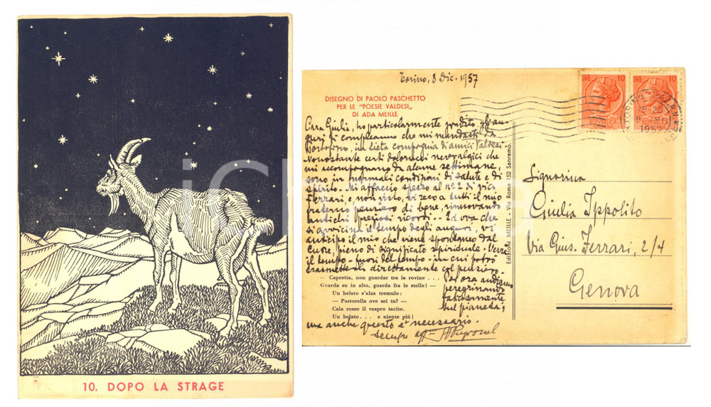 1957 TORINO Cartolina disegno Paolo PASCHETTO "Poesie valdesi" - PEYRONEL FG