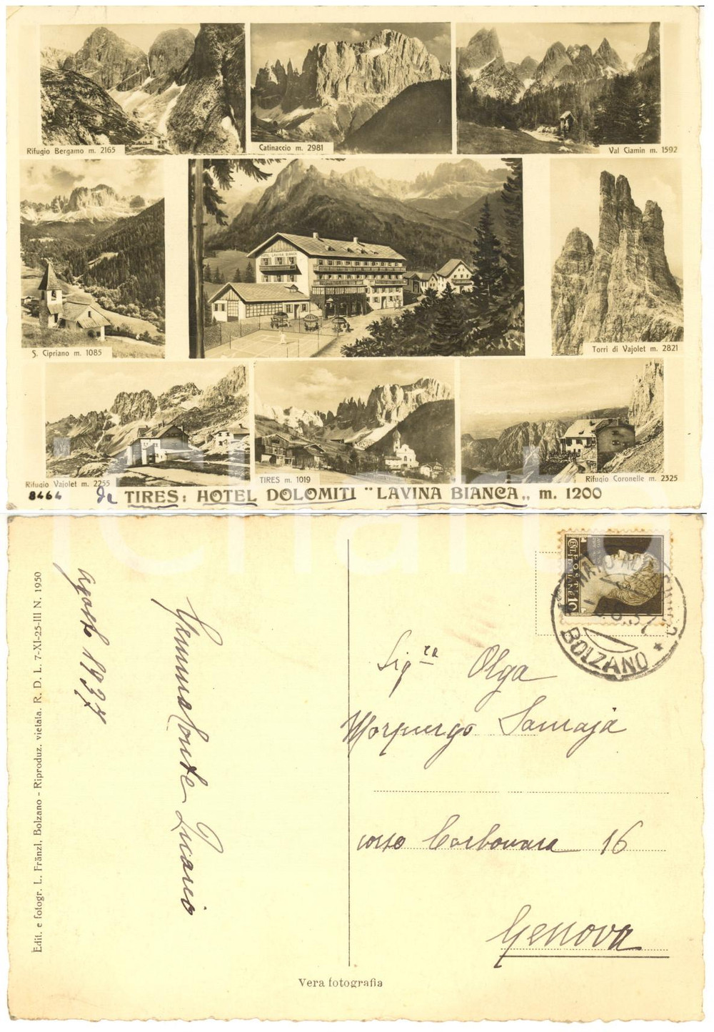1937 TIRES Hotel Dolomiti "Lavina Bianca" - Cartolina Gemma CONTE QUARIO FG VG
