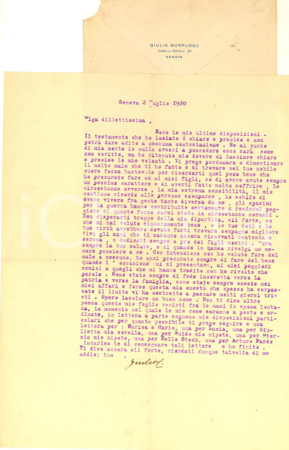 1920 GENOVA Lettera Giulio MORPURGO alla moglie Olga - Ultime volontà *AUTOGRAFO