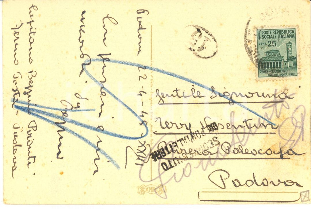 1945 PADOVA Cartolina cap. Giuseppe "Beppino" PIRONTI scrittore *AUTOGRAFO FP VG