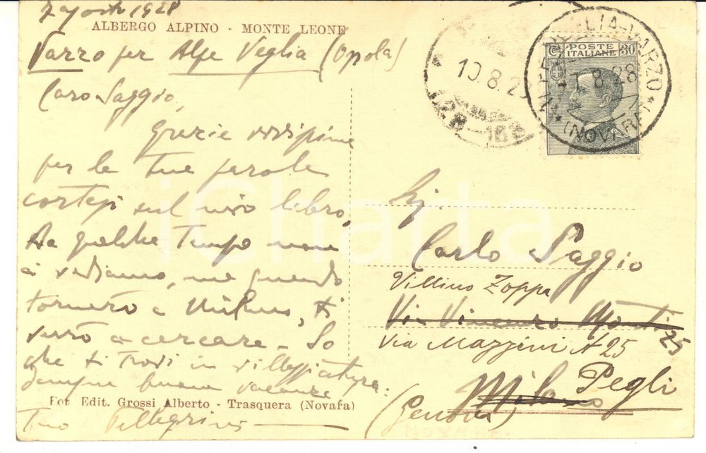 1928 VARZO / ALPE VEGLIA Cartolina Alessandro PELLEGRINI scrittore - AUTOGRAFO
