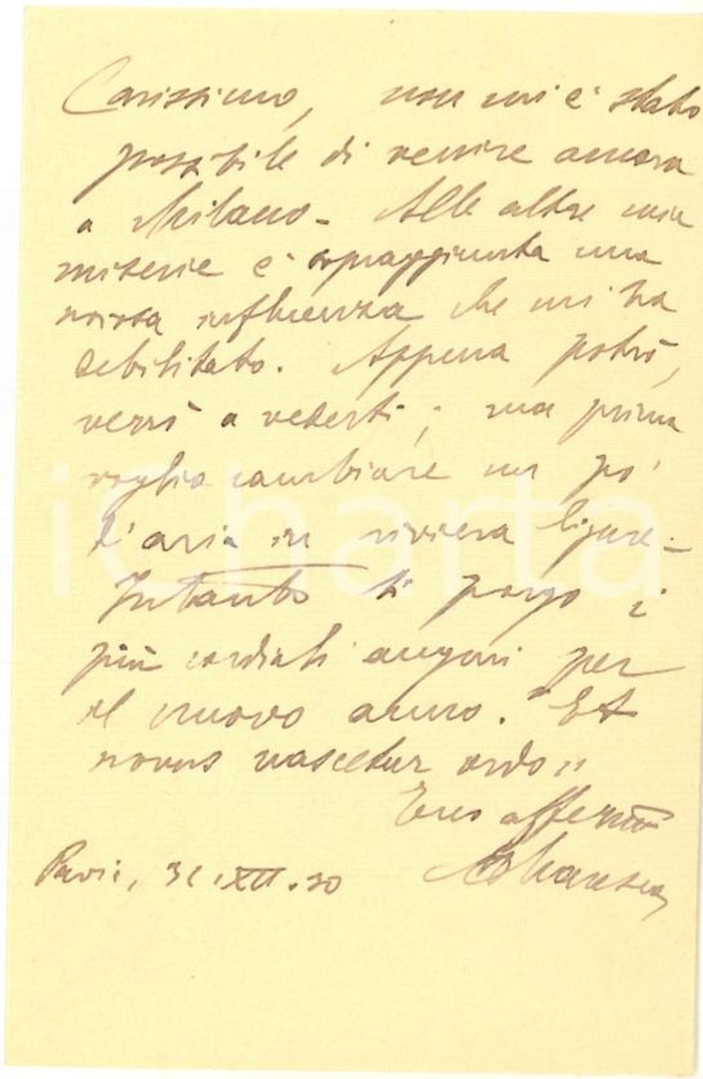 1930 PAVIA Biglietto Mariano MARESCA debilitato dall'influenza - AUTOGRAFO
