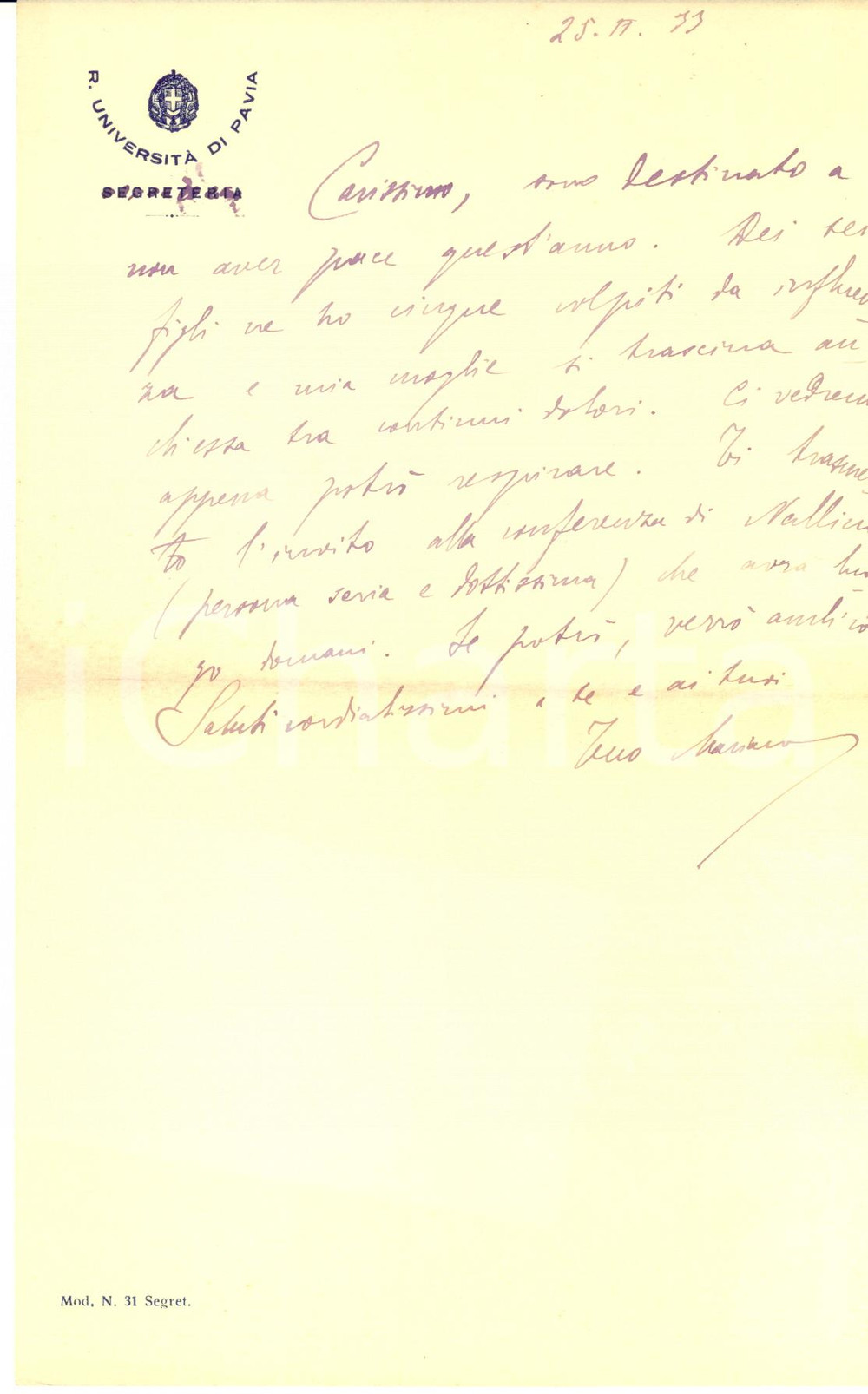 1933 UNIVERSITA' DI PAVIA Mariano MARESCA e la famiglia influenzata - AUTOGRAFO