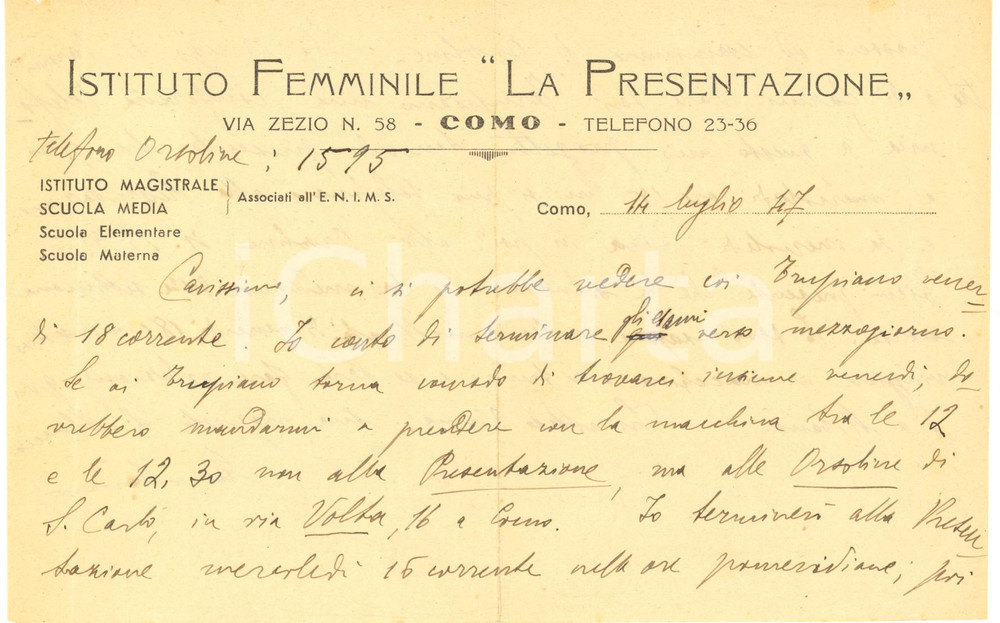 1947 COMO Mariano MARESCA - Istituto Femminile "La Presentazione"- AUTOGRAFO
