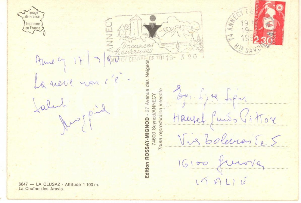 1990 ANNECY Pittore Carlo MOGGIA a Guido HANSET - AUTOGRAFO FG VG