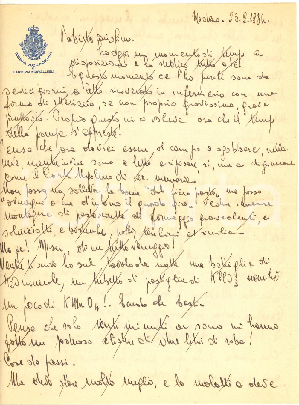 1934 MODENA Regia Accademia di Fanteria - Lettera Aldo STRANEO in infermeria