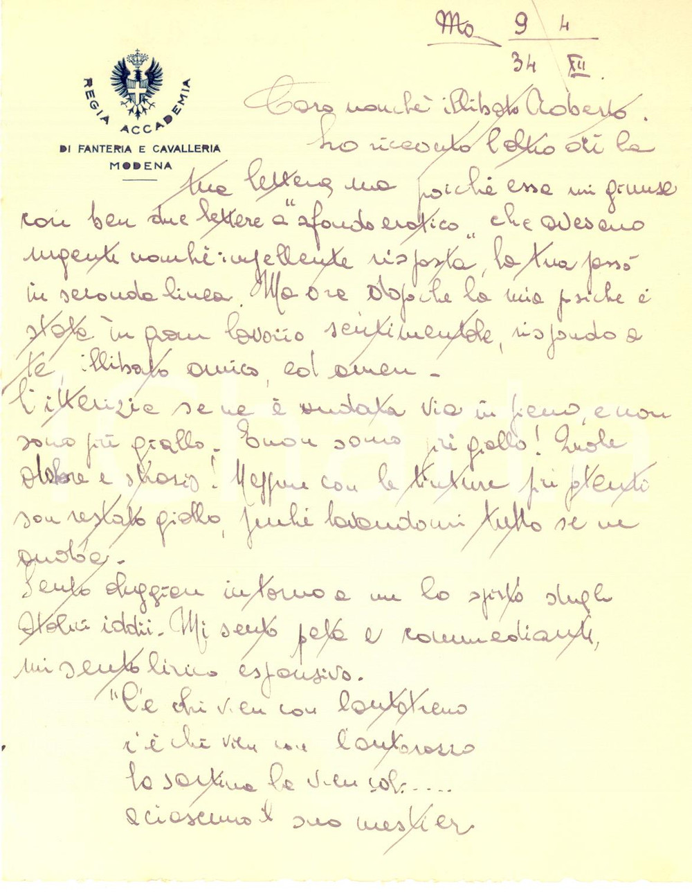 1934 MODENA Regia Accademia di Fanteria - Lettera Aldo STRANEO allievo ufficiale