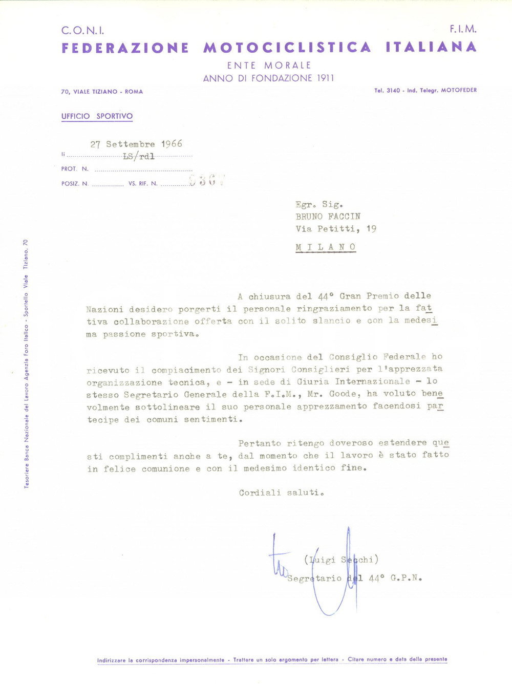 1966 ROMA MOTOCICLISMO Lettera Luigi SECCHI per ringraziamento GP delle Nazioni
