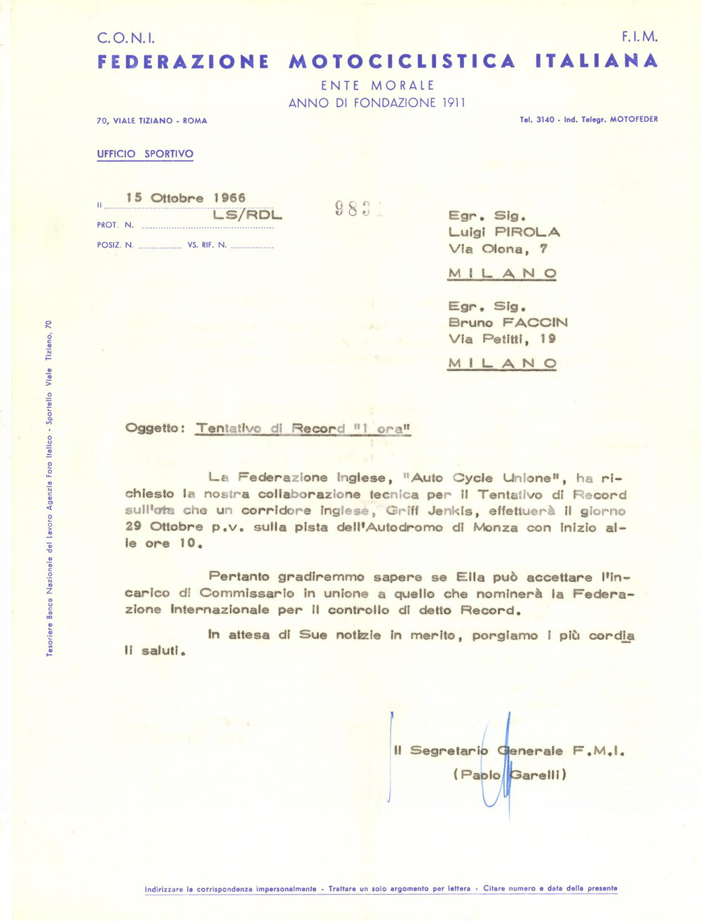 1966 ROMA MOTOCICLISMO Lettera Paolo GARELLI per ringraziamento GP delle Nazioni