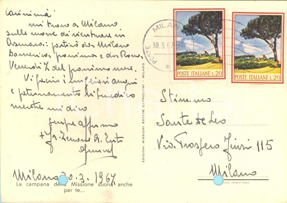 1967 MILANO Fra Zenone Albino TESTA pronto al rientro ad Asmara *AUTOGRAFO FG VG