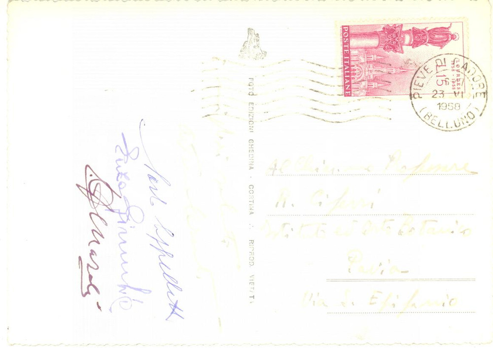 1958 PIEVE DI CADORE Cartolina a Raffaele CIFERRI dai colleghi - AUTOGRAFI FG