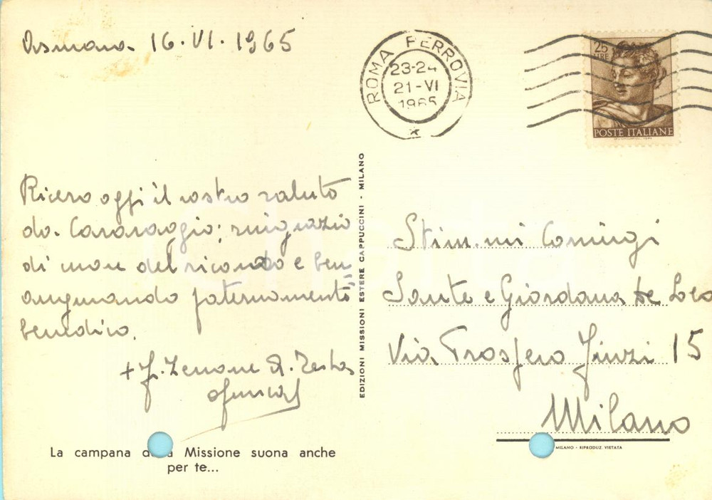 1965 ASMARA (ERITREA) Fra Zenone Albino TESTA vicario apostolico - AUTOGRAFO FG