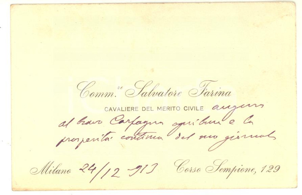 1913 MILANO Salvatore FARINA - Biglietto da visita con messaggio AUTOGRAFO