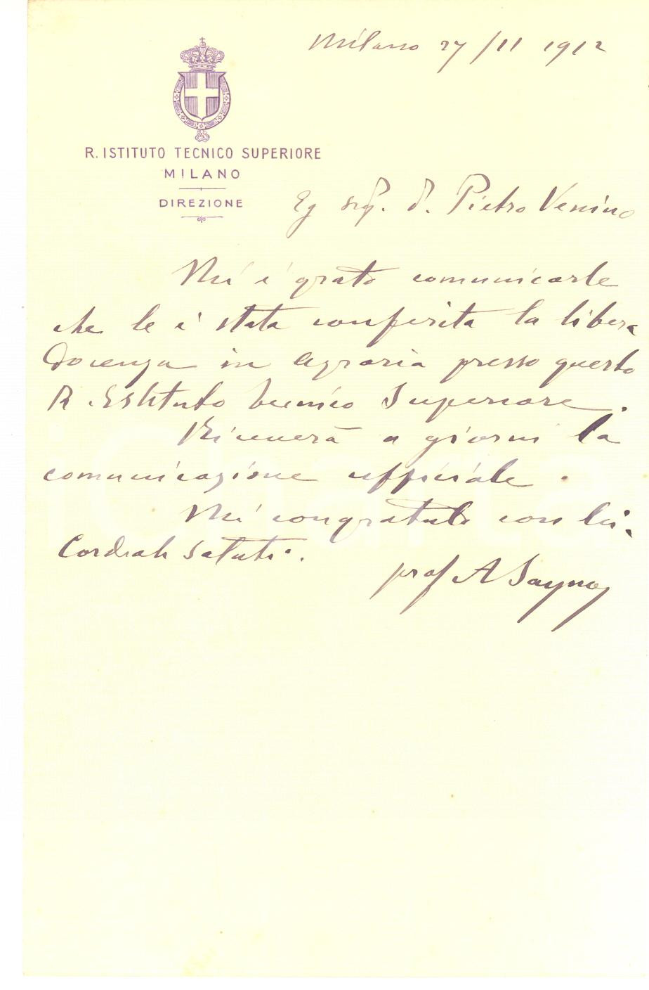 1912 MILANO Lettera prof. Antonio SAYNO - Istituto Tecnico Superiore - AUTOGRAFO