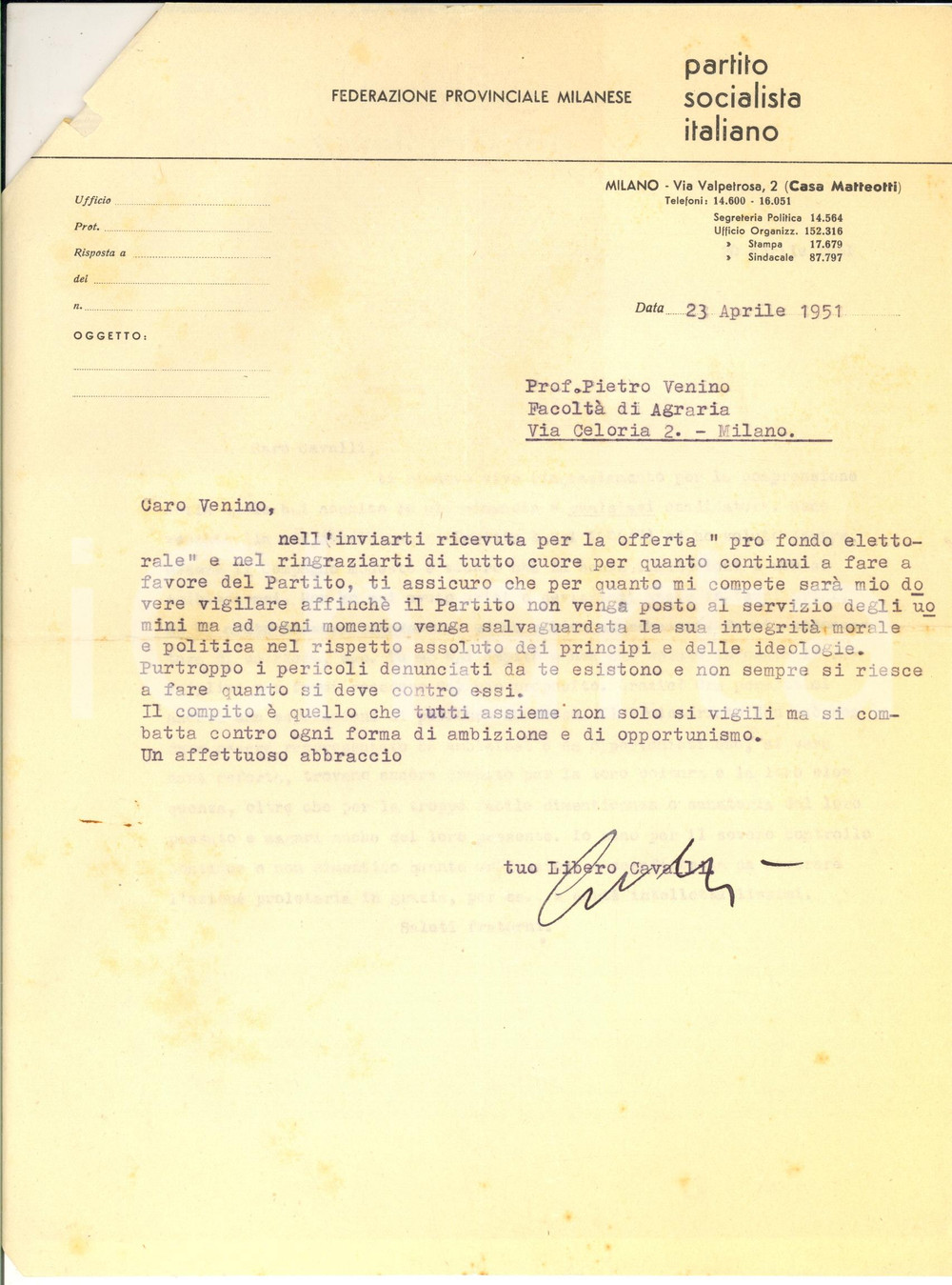 1951 MILANO Partito Socialista - Lettera Libero CAVALLI per offerta - AUTOGRAFO
