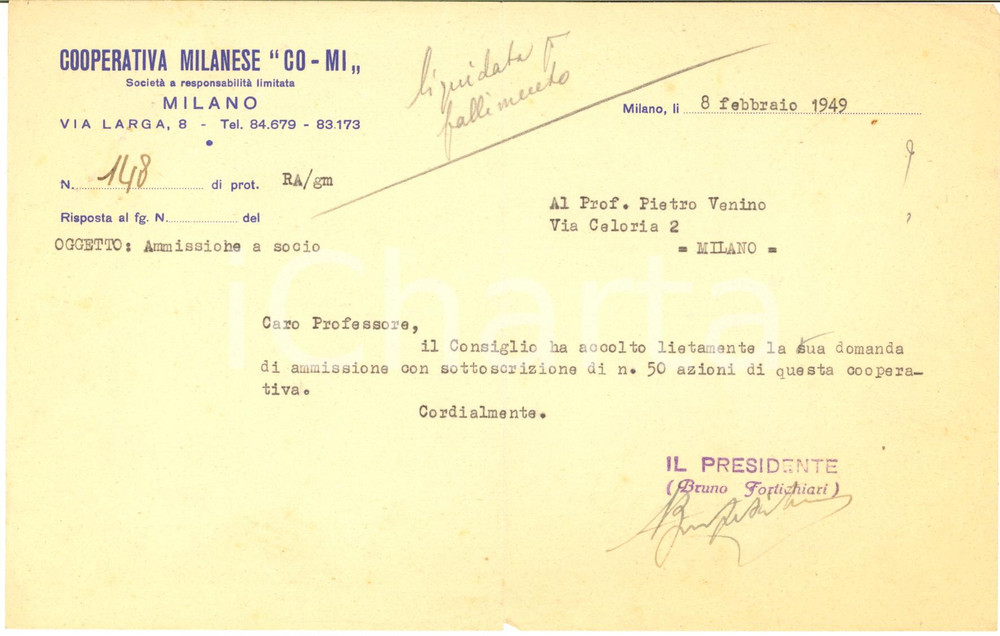 1949 MILANO Bruno FORTICHIARI - Cooperativa Milanese CO-MI - AUTOGRAFO