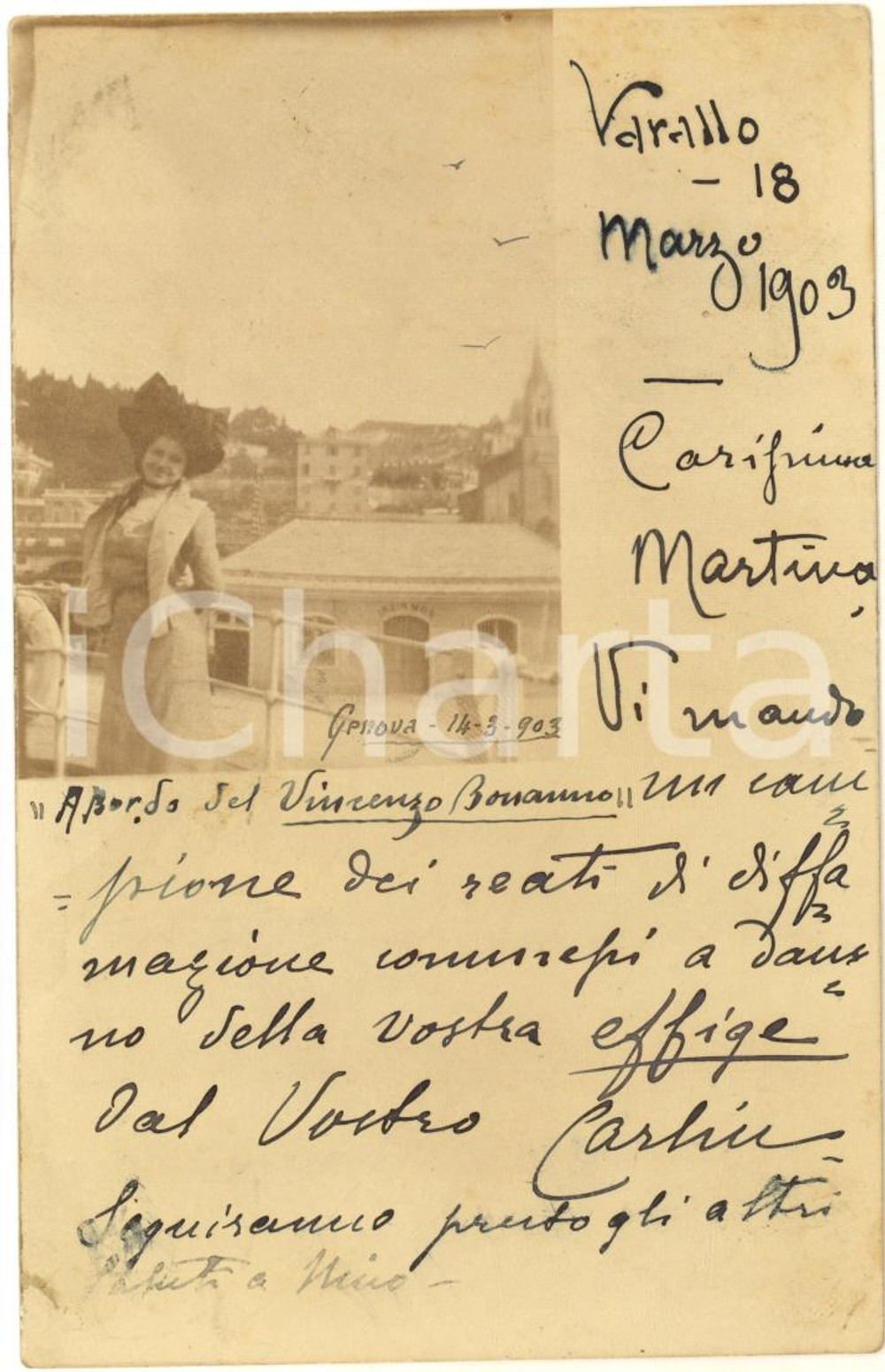 1903 GENOVA Ritratto soprano Nina GARELLI su nave "Vincenzo Bonanno" - Foto RARA