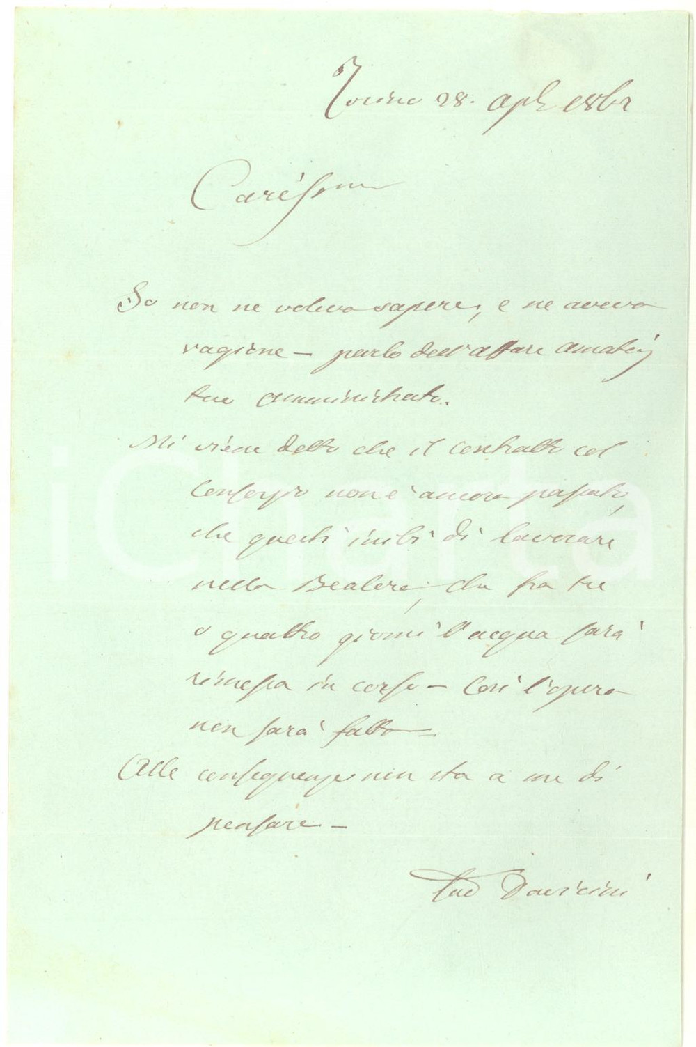 1862 TORINO Lettera ing. Giovanni DAVICINI per lavori mancati - AUTOGRAFO