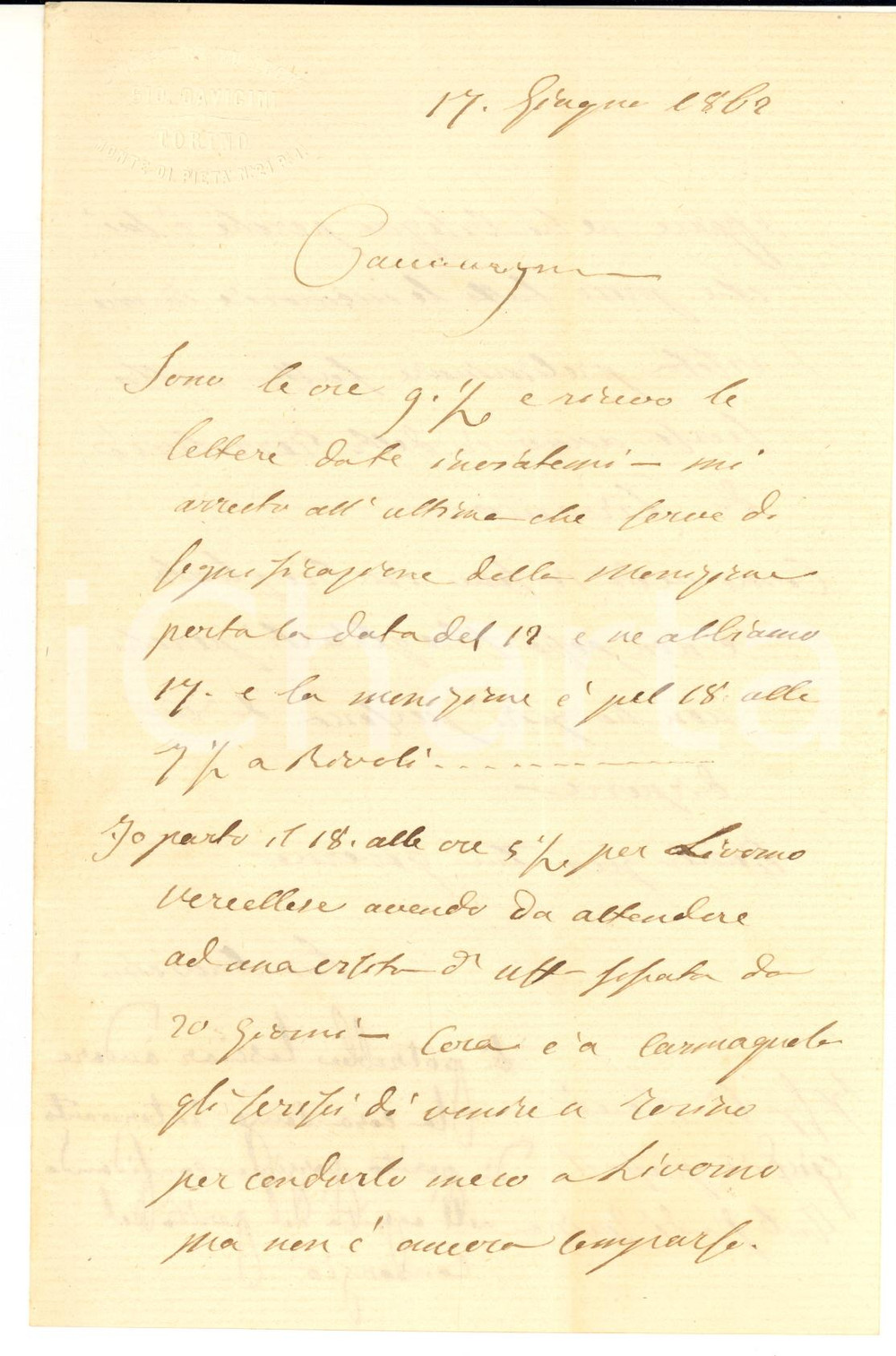 1862 TORINO Giovanni DAVICINI parte per incarico a Livorno Ferraris - AUTOGRAFO