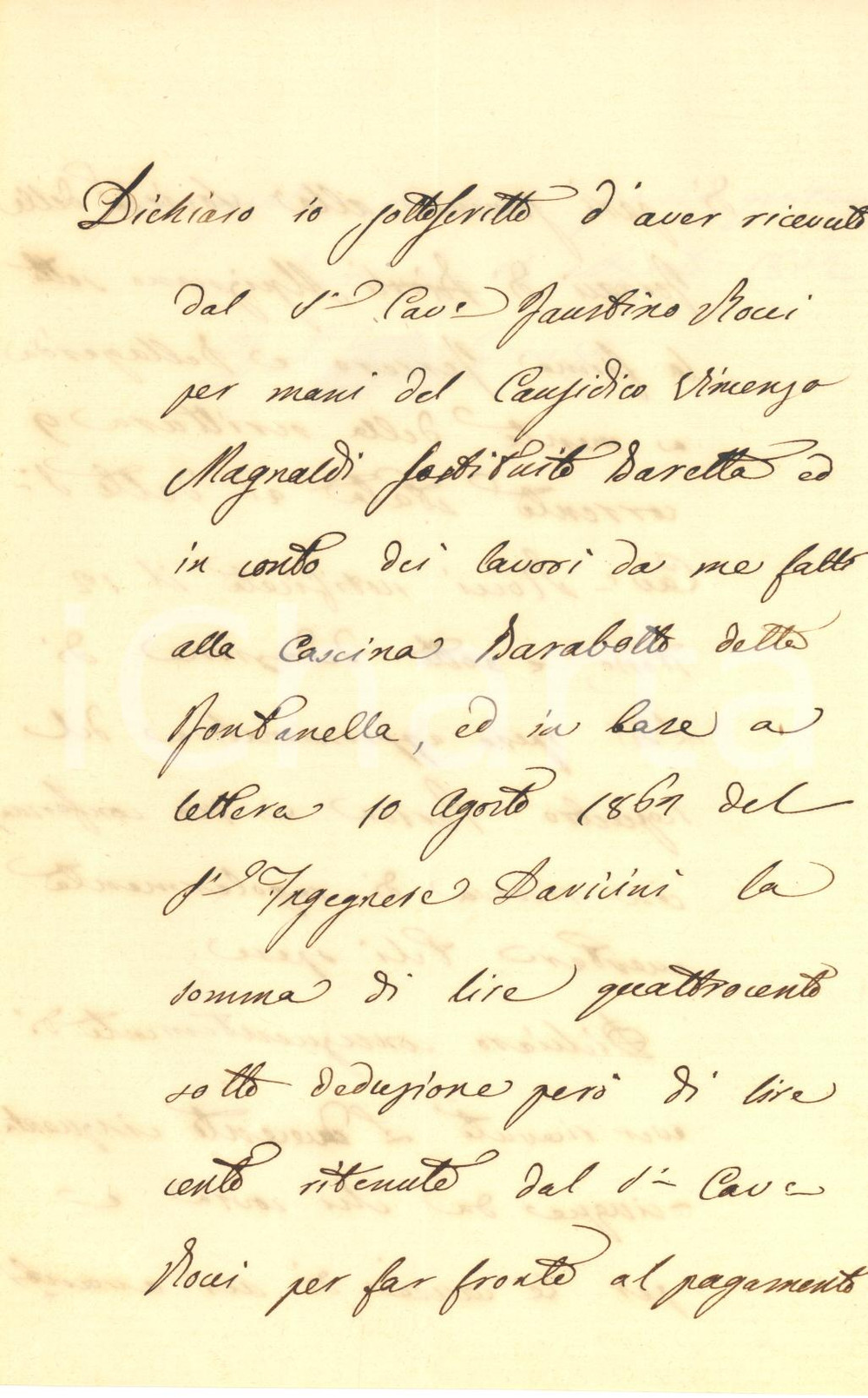 1862 TORINO Ricevuta capomastro Lorenzo DESTEFANIS per lavori Cascina BARABOTTO