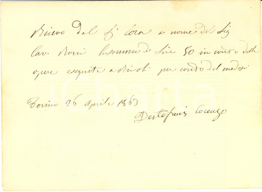 1863 TORINO Ricevuta del capomastro Lorenzo DESTEFANIS per lavori a Rivoli