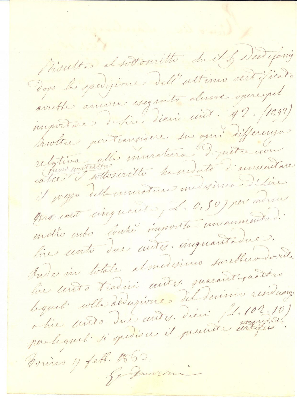 1863 TORINO Lettera ing. Giovanni DAVICINI per saldo lavori muratura - AUTOGRAFO