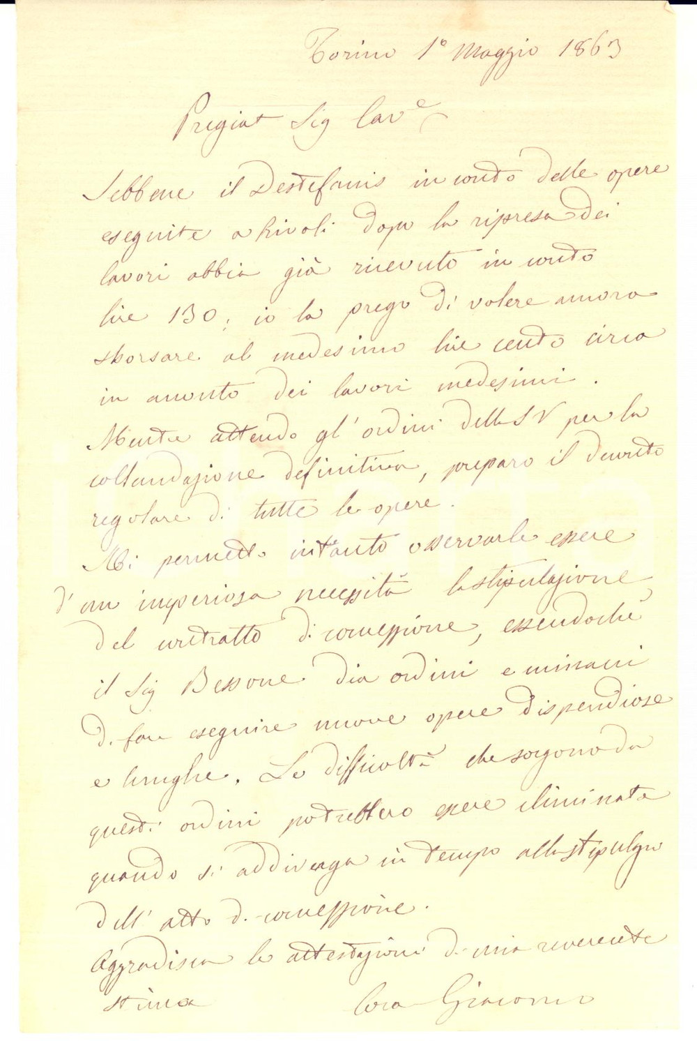 1863 TORINO Lettera Giacomo CORA per saldo lavori del capomastro Destefanis