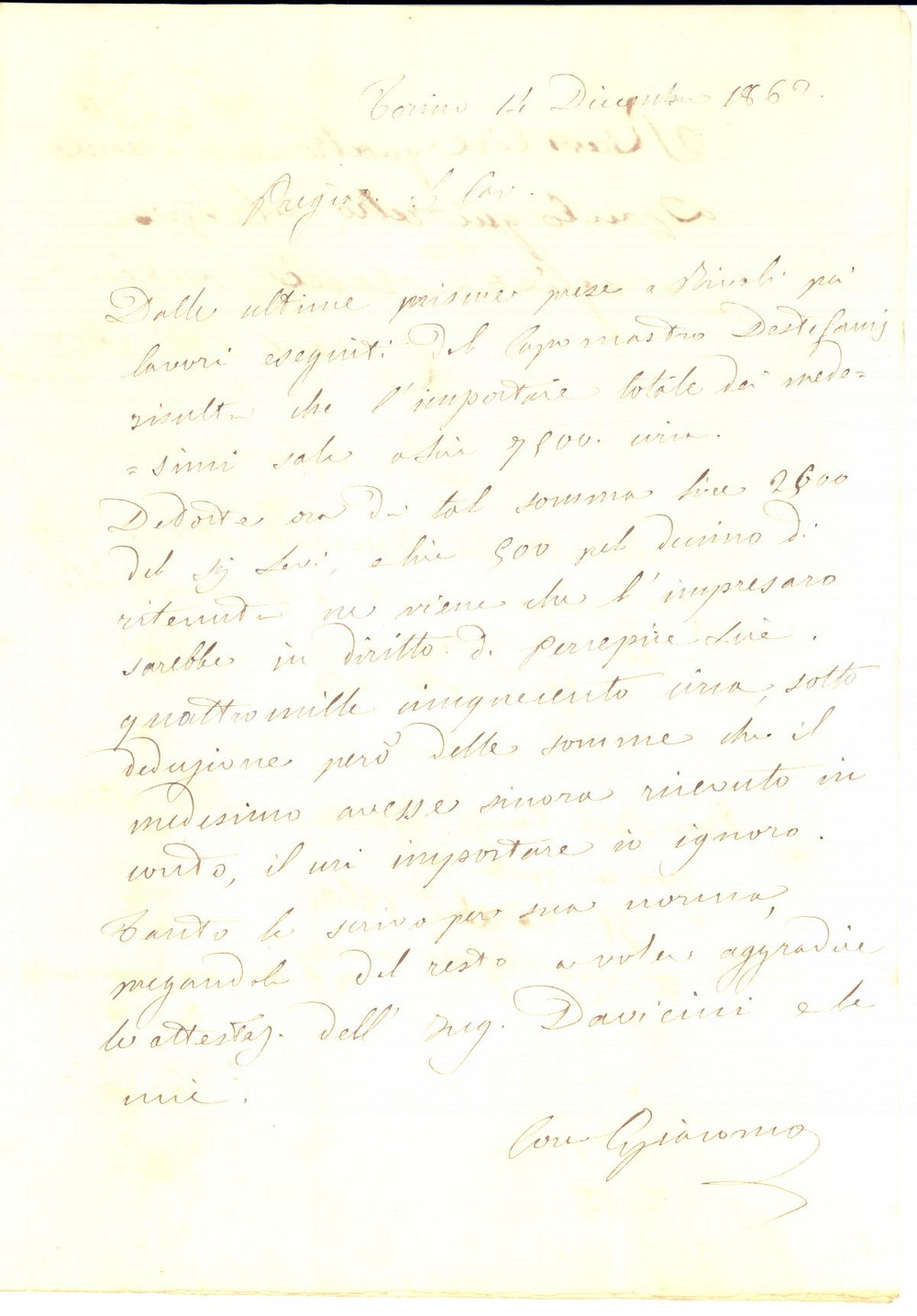1863 TORINO Lettera Giacomo CORA per saldo di lavori al capomastro Destefanis