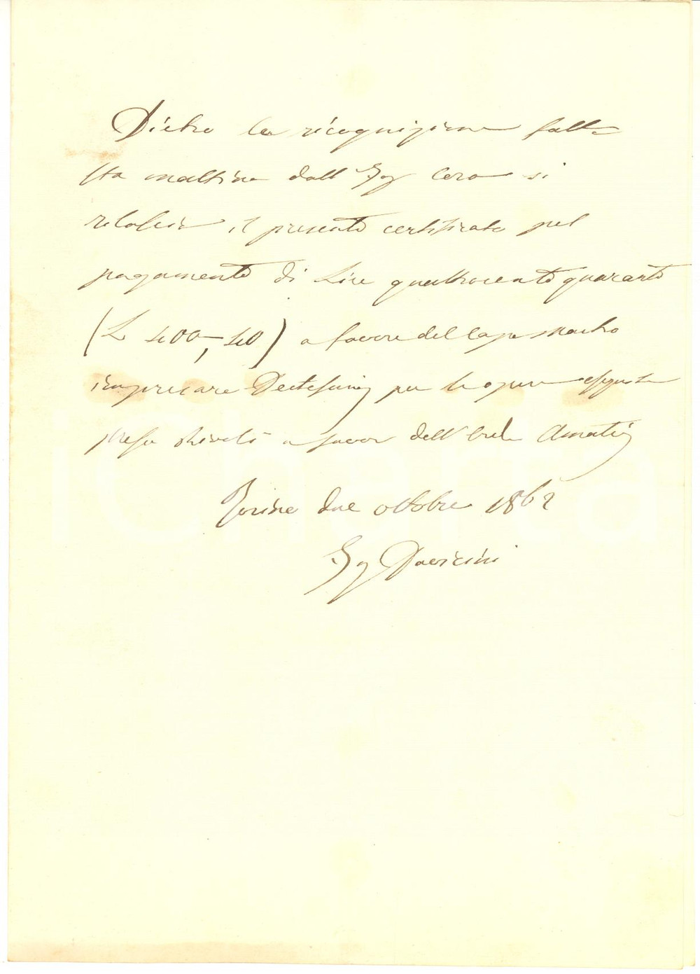 1862 TORINO Ricevuta ing. Giovanni DAVICINI per saldo capomastro *AUTOGRAFO