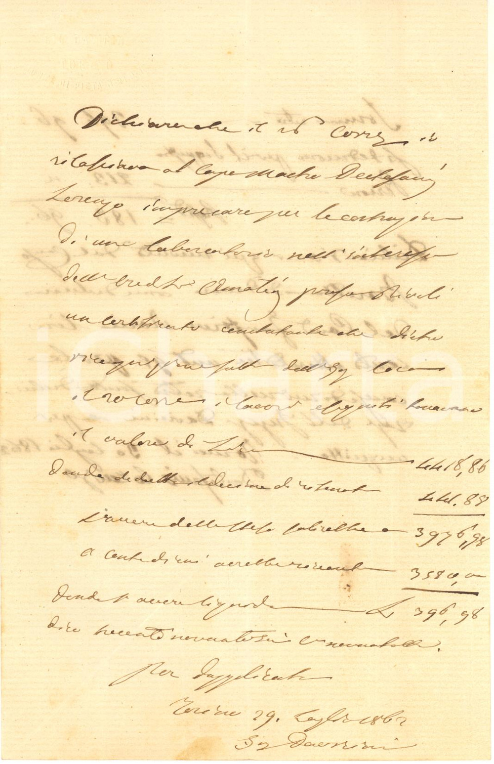 1862 TORINO Lettera ing. Giovanni DAVICINI per saldo capomastro *AUTOGRAFO