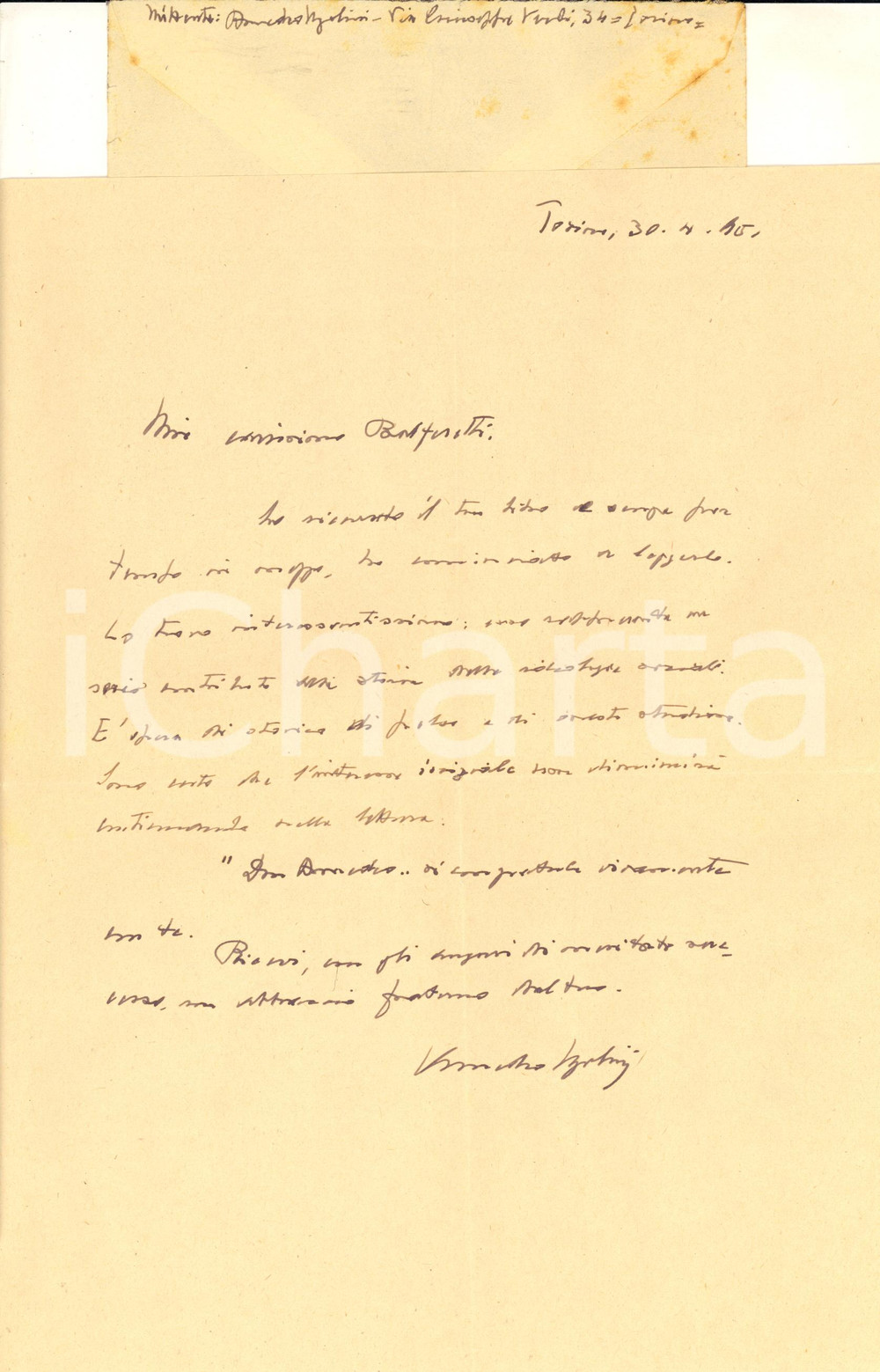 1951 TORINO Lettera Amedeo UGOLINI per libro di Luigi Bulferetti - AUTOGRAFO