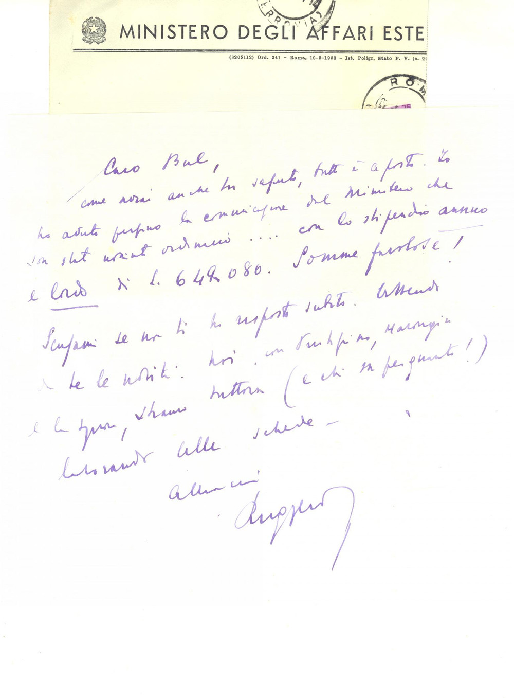 1954 ROMA Ministero degli Affari Esteri - Lettera Ruggero MOSCATI - AUTOGRAFO