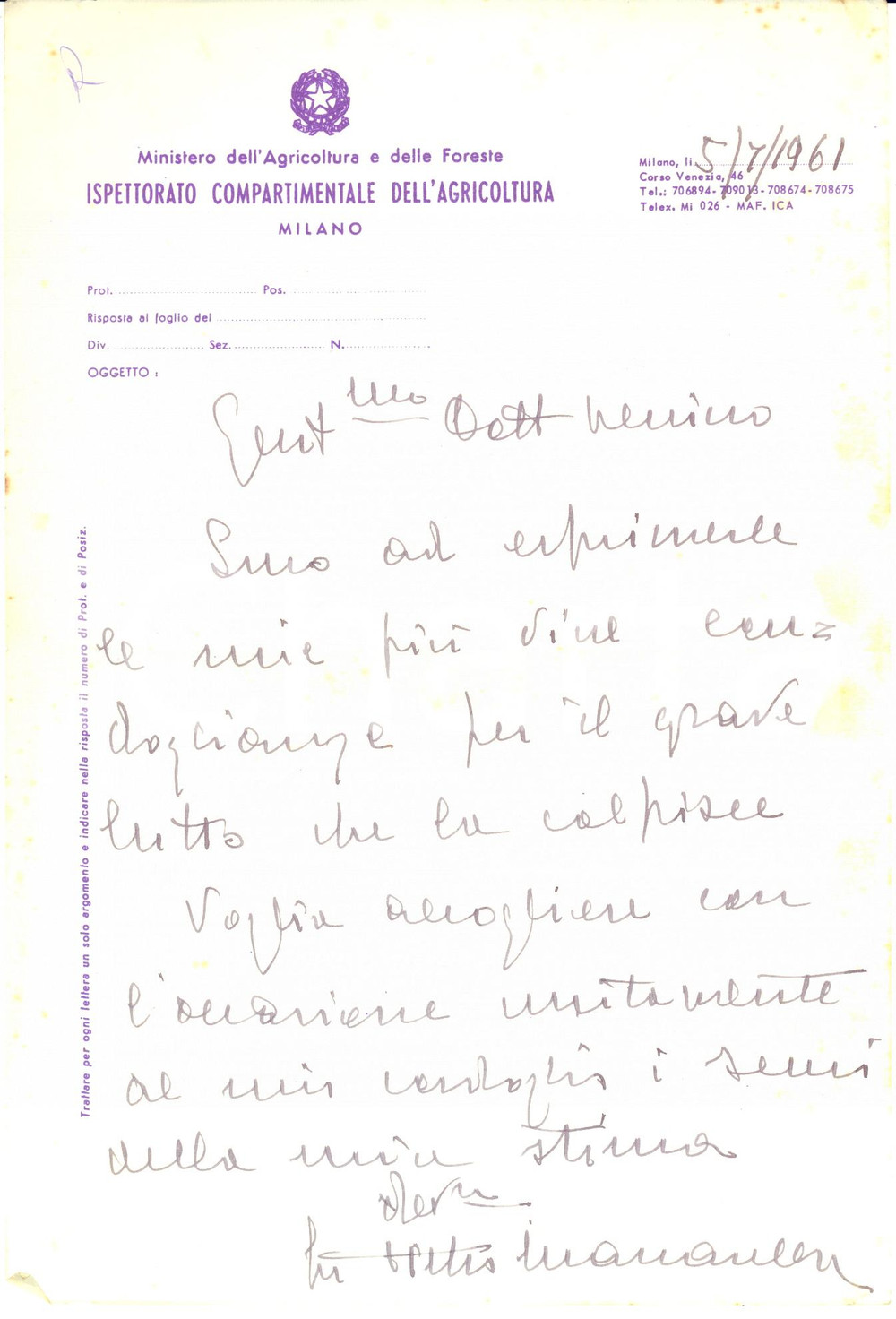 1961 MILANO Ispettorato Compartimentale Agricoltura - Lettera Pietro MAZZARELLA