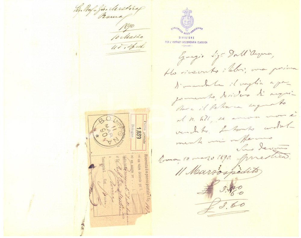 1890 ROMA Ministero Istruzione - Lettera Giovanni MESTICA per libri - AUTOGRAFO
