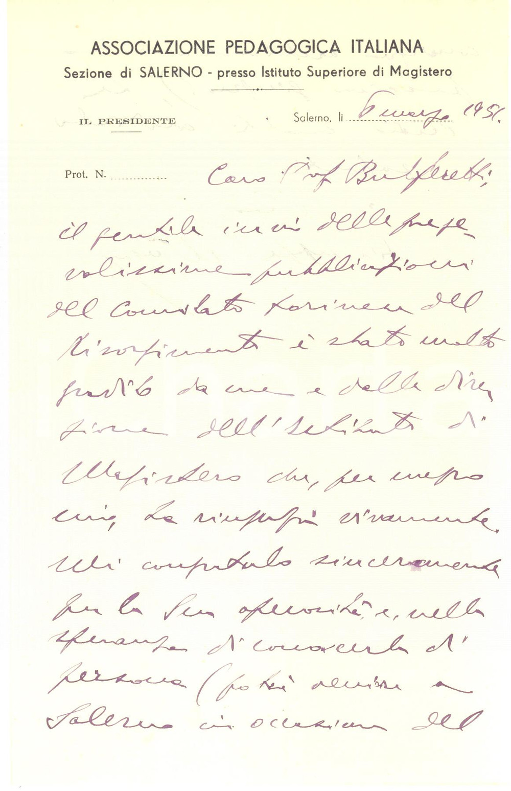 1951 SALERNO Associazione Pedagogica Italiana - Lettera presidente - AUTOGRAFO