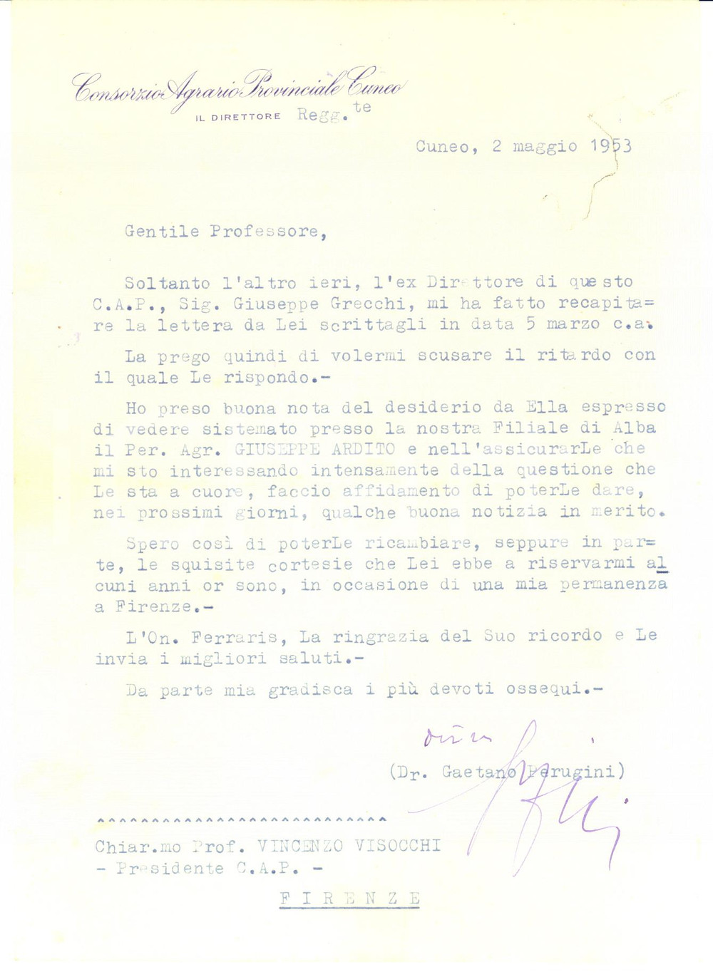 1953 CUNEO Consorzio Agrario Provinciale - Lettera Gaetano PERUGINI - AUTOGRAFO