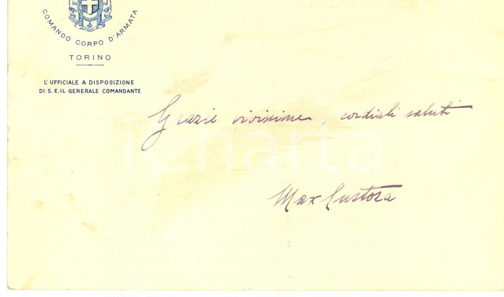 1936 TORINO Comando Corpo d'Armata - Biglietto Max CUSTOZA AUTOGRAFO DANNEGGIATO