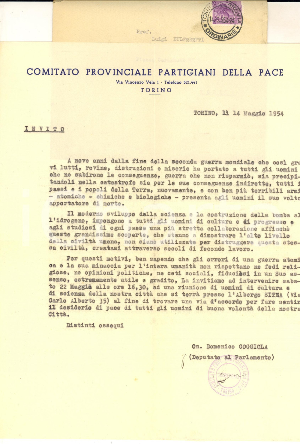 1954 TORINO Comitato "Partigiani della Pace" contro la bomba all'idrogeno