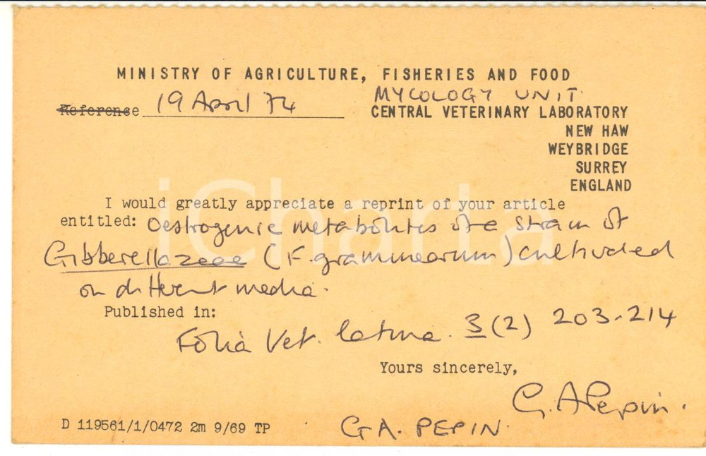 1974 LONDON Ministry of Agricolture - G. A. PEPIN Signed postcard FP VG