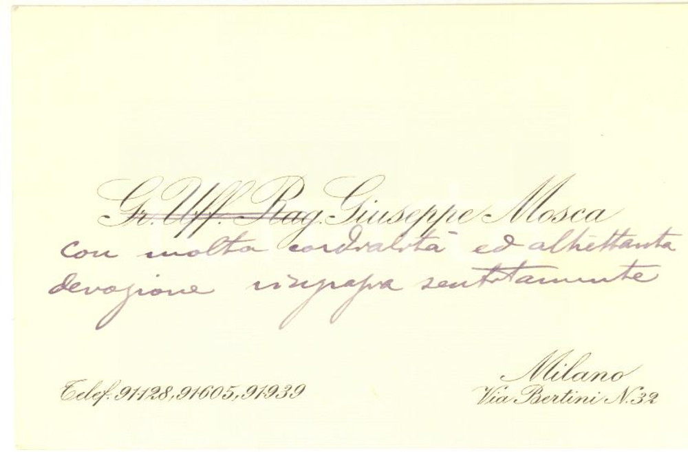 1945 ca MILANO Gr. Uff. Giuseppe MOSCA - Biglietto da visita  AUTOGRAFO